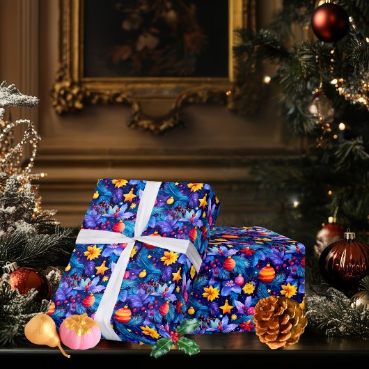 カスタムブライトオーナメントとフローラクリスマスラップ ラッピングペーパー