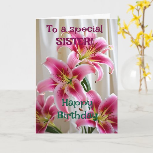カスタムブライトピンクリリーハッピーバースデー姉妹 カード (黄色い花)