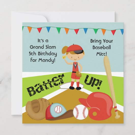 カスタムブラウンヘアガールズソフトボール誕生日招待状 招待状 (正面)