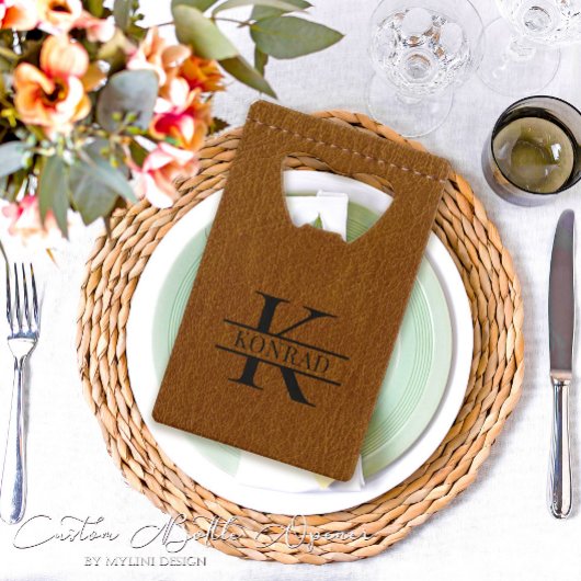 カスタムブラウンレザープリントモノグラムボトルオープナー クレジットカード栓抜き