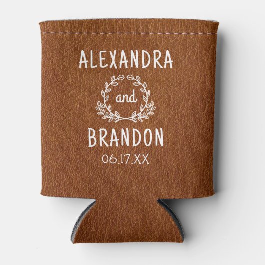 カスタムブラウンレザープリント結婚式の引き出物 缶クーラー (正面)