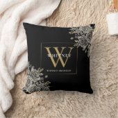 カスタムブラックおよび金ゴールドモノグラムフローラ クッション (ブランケット)