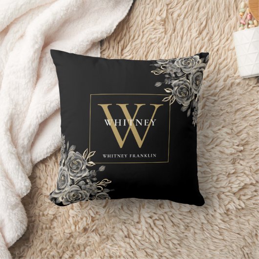 カスタムブラックおよび金ゴールドモノグラムフローラ クッション (ブランケット)