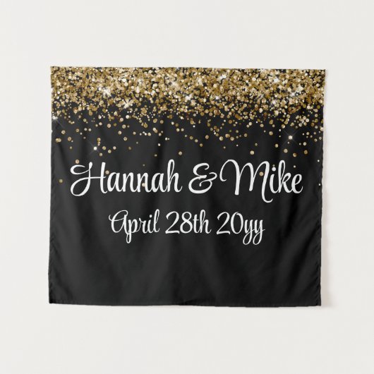 カスタムブラックと金ゴールドの結婚バックドロップ タペストリー (正面(横))