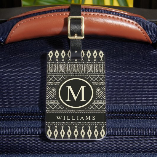 カスタムブラッククリームホワイトグレーアステカパターン ラゲッジタグ (正面インサイチュ2)