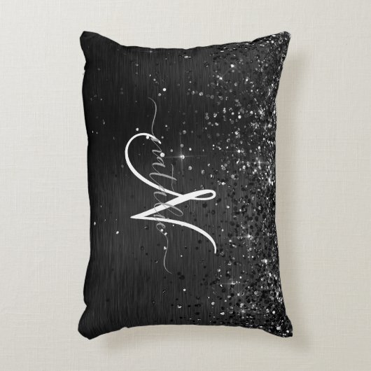 カスタムブラックグリッタースパークルモノグラム アクセントクッション (正面(垂直))