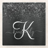 カスタムブラックグリッタースパークルモノグラム ガラスコースター (正面)