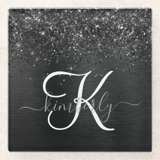 カスタムブラックグリッタースパークルモノグラム ガラスコースター (正面)