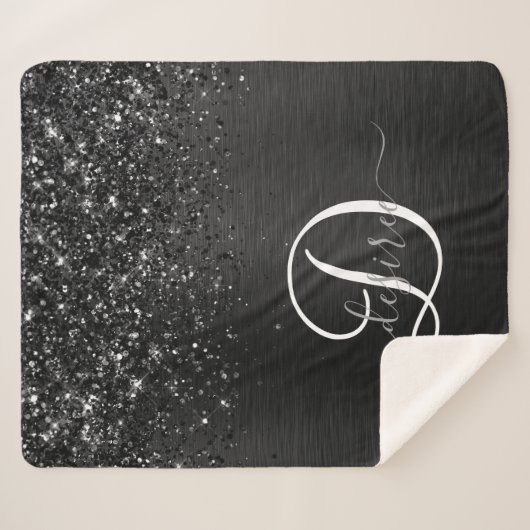 カスタムブラックグリッタースパークルモノグラム シェルパブランケット (正面(横))