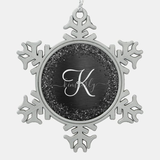 カスタムブラックグリッタースパークルモノグラム スノーフレークピューターオーナメント (正面)
