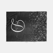 カスタムブラックグリッタースパークルモノグラム フリースブランケット (正面(横))