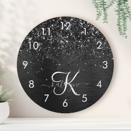 カスタムブラックグリッタースパークルモノグラム ラウンド壁時計