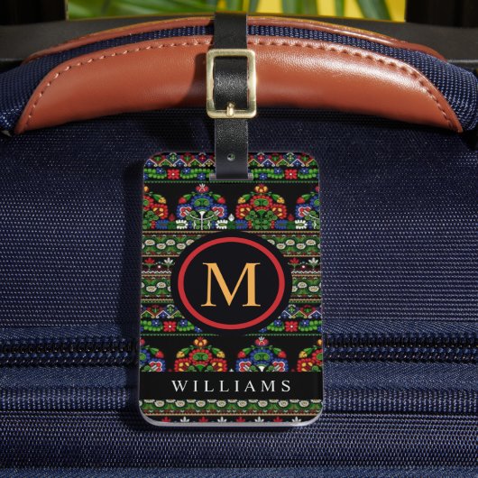 カスタムブラックグリーンレッドブルーアステカパターン ラゲッジタグ (正面インサイチュ2)