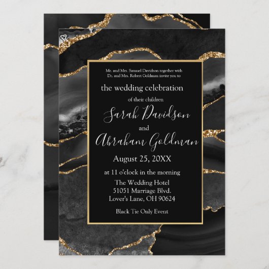 カスタムブラックゴールドフォイル瑪瑙結婚式招待状 招待状 (正面/裏面)