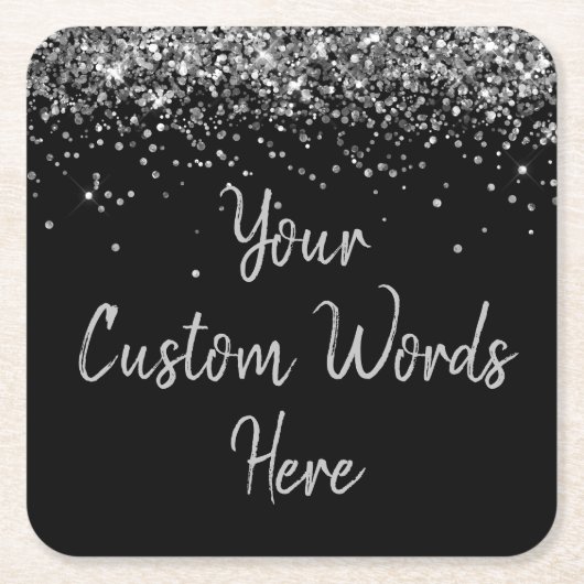カスタムブラックシルバーバースデーパーティーフェイスグリッター スクエアペーパーコースター (正面)