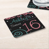 カスタムブラックスウィート16バースデーパーティコースター スクエアペーパーコースター (アングル)