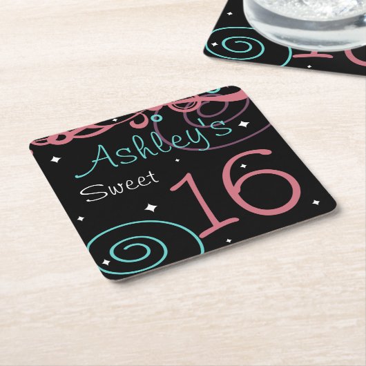 カスタムブラックスウィート16バースデーパーティコースター スクエアペーパーコースター (アングル)