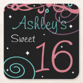 カスタムブラックスウィート16バースデーパーティコースター スクエアペーパーコースター (正面)