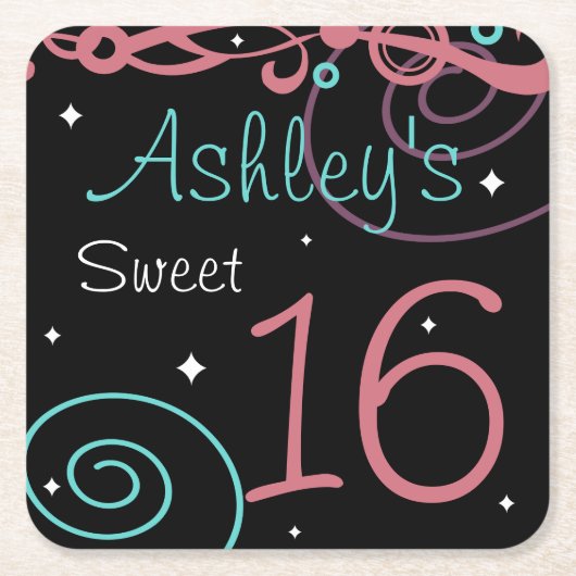 カスタムブラックスウィート16バースデーパーティコースター スクエアペーパーコースター (正面)