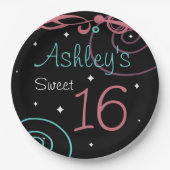 カスタムブラックスウィート16バースデーパーティープレート ペーパープレート (正面)