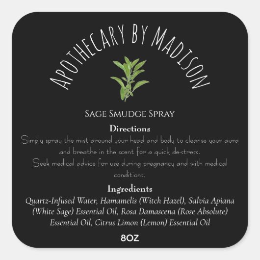 カスタムブラックセージ汚れスプレーボトルラベル スクエアシール (正面)