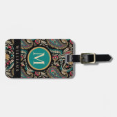 カスタムブラックティール(緑がかった色)ブルーグリーン金ゴールドペイズリーパターン ラゲッジタグ (正面横)