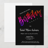 カスタムブラックネオンスクリプミニマルト誕生日パーティー 招待状 (正面/裏面)