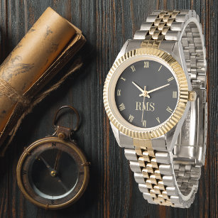 カスタムブラックモノグラムの金ゴールドシルバートーンブレスレット 腕時計