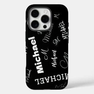 カスタムブラックモノグラム柄名入れ iPhone 16 PROケース