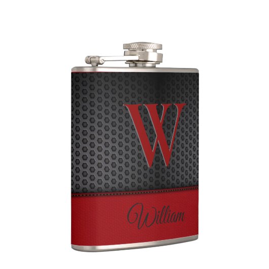 カスタムブラックレッドフェイクレザーモノグラムのイニシャル フラスク (右)