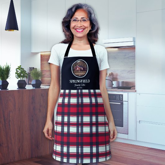 カスタムブラックレッドプレイドファームハウススタイル エプロン