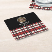 カスタムブラックレッドプレイドファームハウススタイル スクエアペーパーコースター (アングル)
