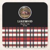 カスタムブラックレッドプレイドファームハウススタイル スクエアペーパーコースター (正面)
