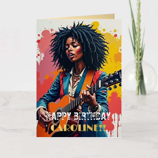 カスタムブラック女子ギタリストアー感動的ト 箔グリーティングカード (正面)