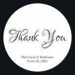 カスタムブラック文字結婚のギフトメッセージカードシール ラウンドシール<br><div class="desc">カスタムブラック文字結婚のギフトメッセージカードシール。スクリエレガントプト黒文字、白の背景。サンキュー</div>
