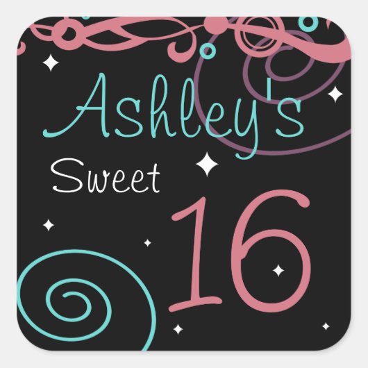 カスタムブラック甘い16誕生日パーティステッカー スクエアシール (正面)