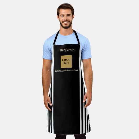 カスタムブラック&ホワイトストライプ エプロン (着用した状態)