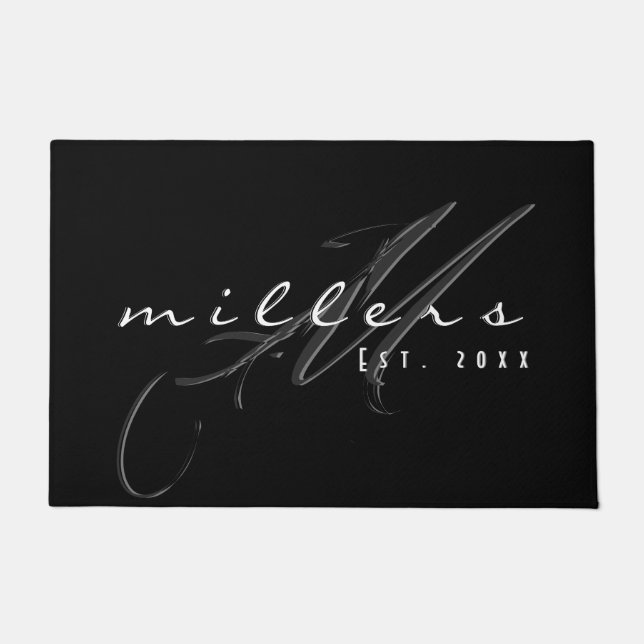 カスタムブラック&ホワイトファミリー名&モノグラム ドアマット (正面)