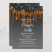 カスタムブラック&金ゴールドグリッタードリップハッピーバースデー 招待状 (正面/裏面)