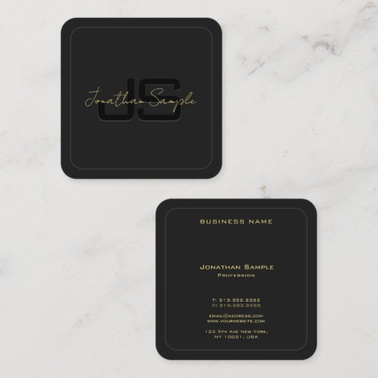 カスタムブラック&金ゴールドモノグラエレガントムイニシャル スクエア名刺 (正面/裏面)