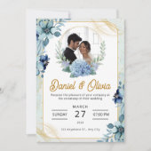 カスタムブランド青と白のフローラ結婚ズ 招待状 (正面)