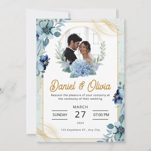 カスタムブランド青と白のフローラ結婚ズ 招待状 (正面)
