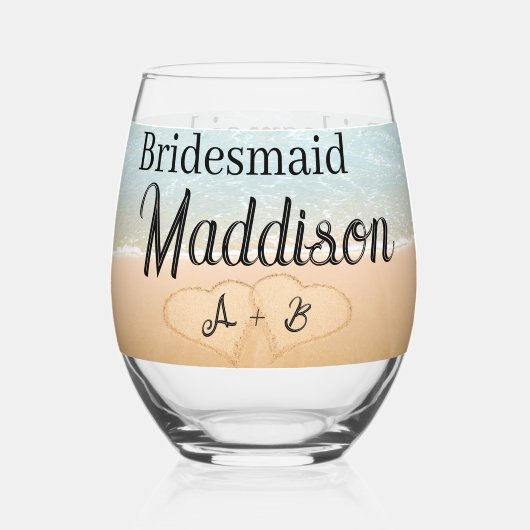カスタムブリデスメイドギフトビーチ結婚式ハート砂 ステムなしワイングラス (裏面)