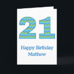 カスタムブルーとグリーンシェブロン21stバースデーカード カード<br><div class="desc">ランドマスタイリッシューク鮮やかバースデーの誕生日カードと誕生日。カードの前面には数字21が山形はっきりしたでモダンある。デザインは青クール、緑、ターコイズの色調のカラーパレットを有する。受信者の名前と一緒にハッピーバースデーメッセージがあり、カードを特別にしユニークた。内部のメッセージ読「そろそろ始ま祝る!21歳の誕生日おめでとう！」このカードはマイルストーンの誕生日をマークするのに最適な方法である。</div>