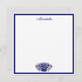 カスタムブルーとホワイトフローラブルー縁どスクエア ノートカード (正面/裏面)