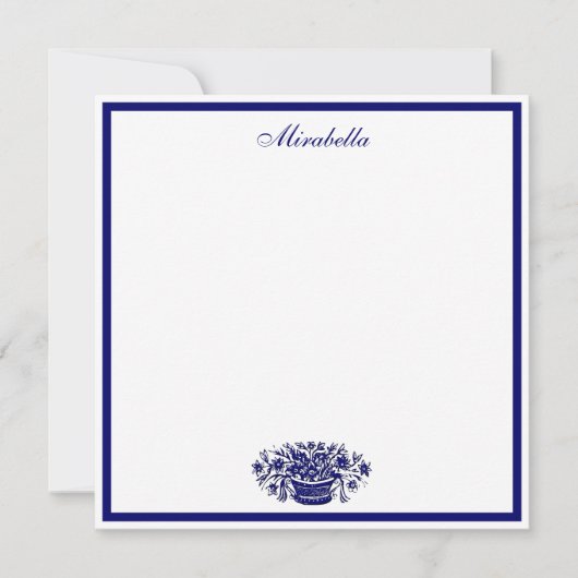 カスタムブルーとホワイトフローラブルー縁どスクエア ノートカード (正面)