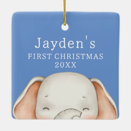 カスタムブルーキュートエレファント男の赤ちゃん初めてのクリスマス セラミックオーナメント (裏面)