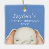 カスタムブルーキュートエレファント男の赤ちゃん初めてのクリスマス セラミックオーナメント (正面)
