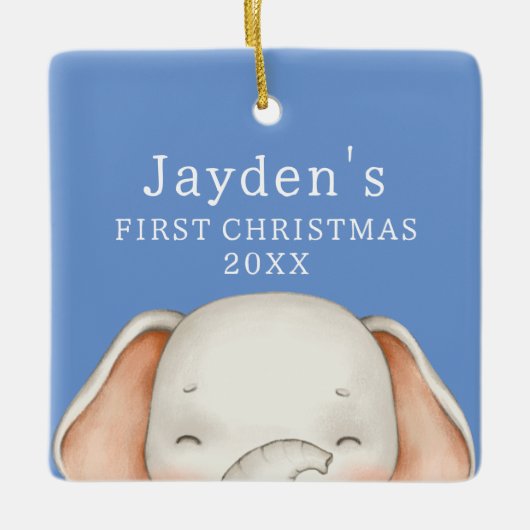 カスタムブルーキュートエレファント男の赤ちゃん初めてのクリスマス セラミックオーナメント (正面)