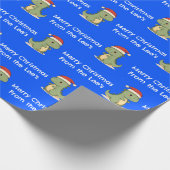 カスタムブルーキュート恐竜サンタハットクリスマス ラッピングペーパー (角)